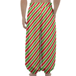 Red Green And White Candy Cane Print Lantern Pants