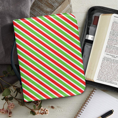 Red Green And White Candy Cane Print Leather Bible Cover