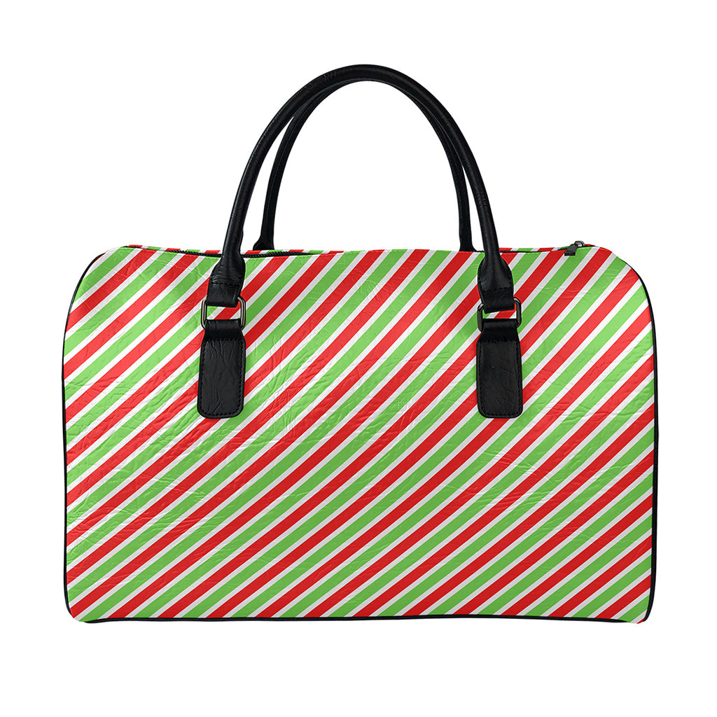 Red Green And White Candy Cane Print Leather Duffle Bag