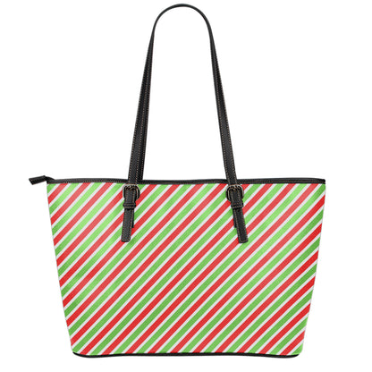 Red Green And White Candy Cane Print Leather Tote Bag