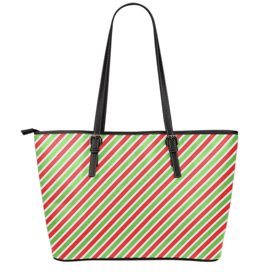 Red Green And White Candy Cane Print Leather Tote Bag