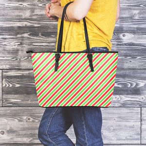 Red Green And White Candy Cane Print Leather Tote Bag