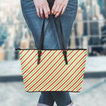 Red Green And White Candy Cane Print Leather Tote Bag