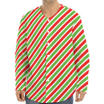 Red Green And White Candy Cane Print Long Sleeve Baseball Jersey