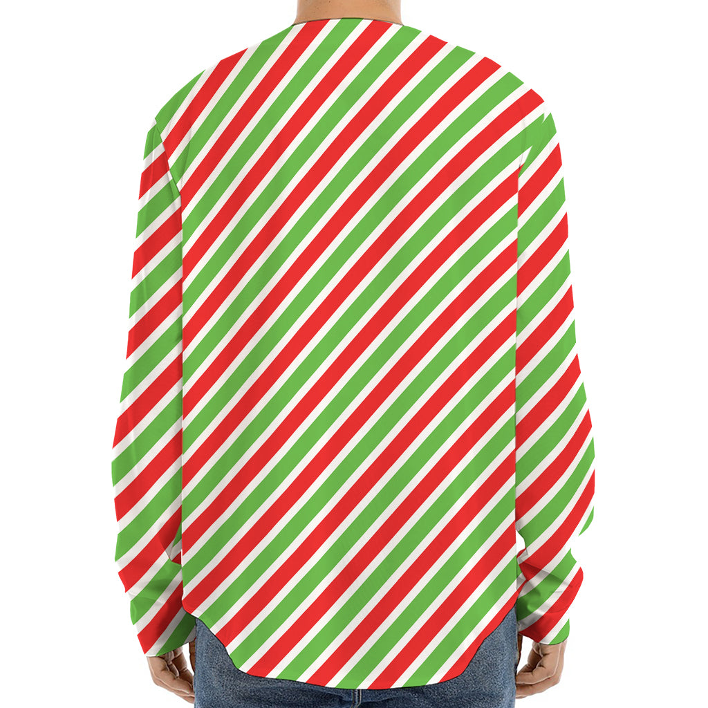 Red Green And White Candy Cane Print Long Sleeve Baseball Jersey