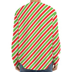 Red Green And White Candy Cane Print Long Sleeve Baseball Jersey