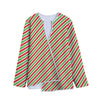 Red Green And White Candy Cane Print Long Sleeve Short Coat