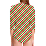 Red Green And White Candy Cane Print Long Sleeve Swimsuit