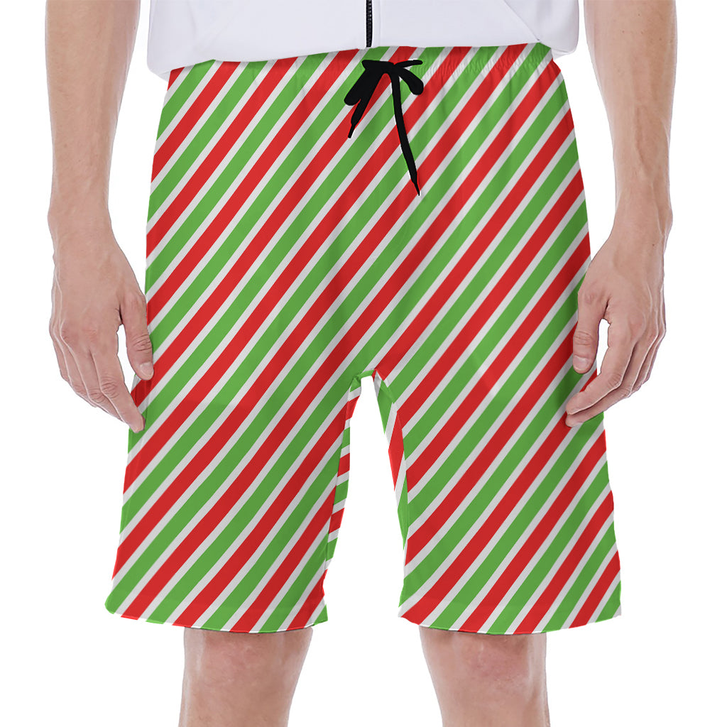 Red Green And White Candy Cane Print Men's Beach Shorts