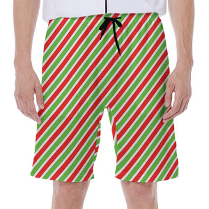 Red Green And White Candy Cane Print Men's Beach Shorts