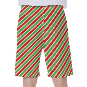 Red Green And White Candy Cane Print Men's Beach Shorts