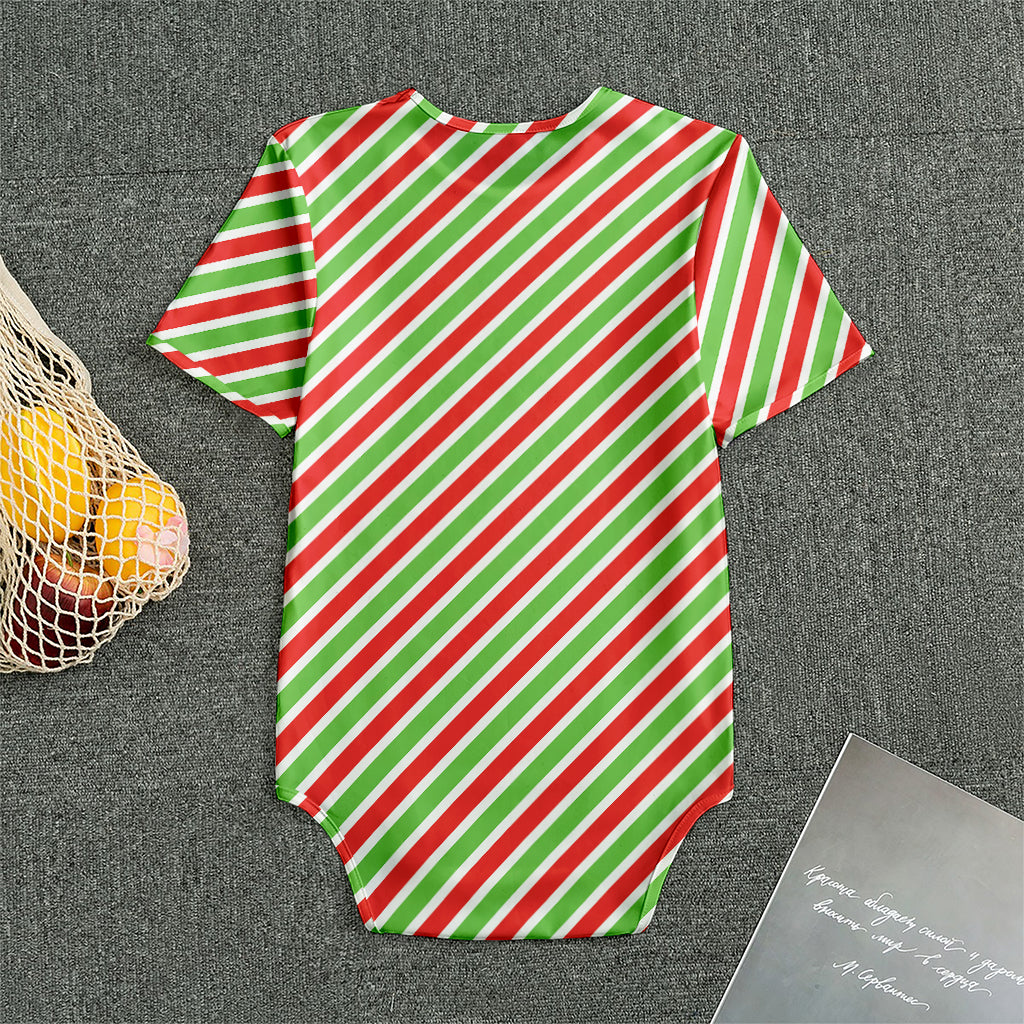 Red Green And White Candy Cane Print Men's Bodysuit