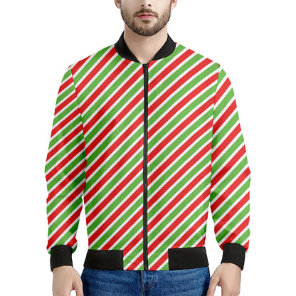 Red Green And White Candy Cane Print Men's Bomber Jacket