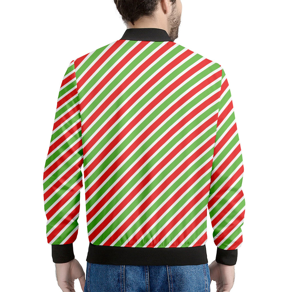 Red Green And White Candy Cane Print Men's Bomber Jacket