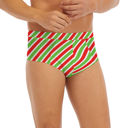 Red Green And White Candy Cane Print Men's Briefs