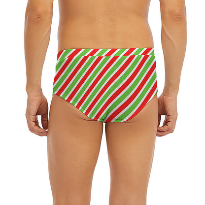 Red Green And White Candy Cane Print Men's Briefs