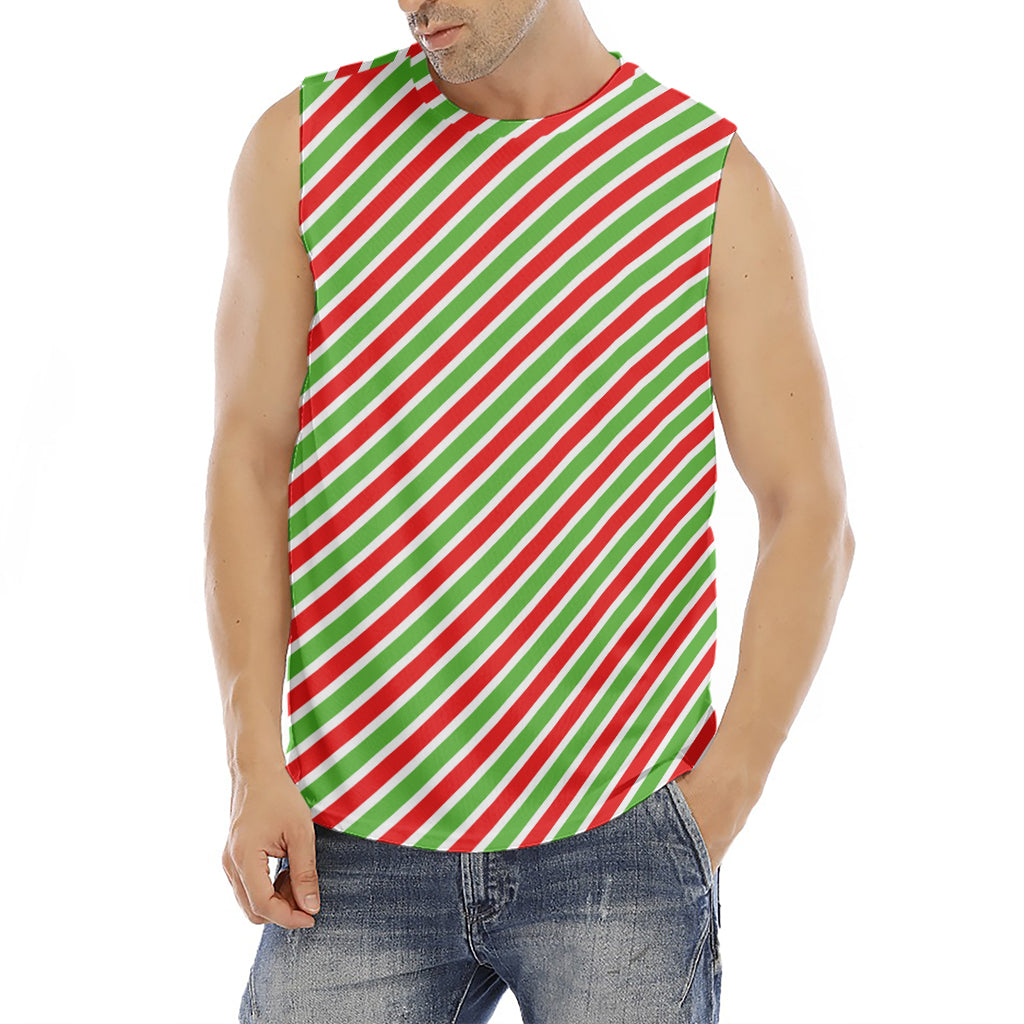 Red Green And White Candy Cane Print Men's Fitness Tank Top