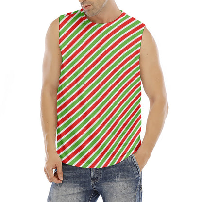 Red Green And White Candy Cane Print Men's Fitness Tank Top