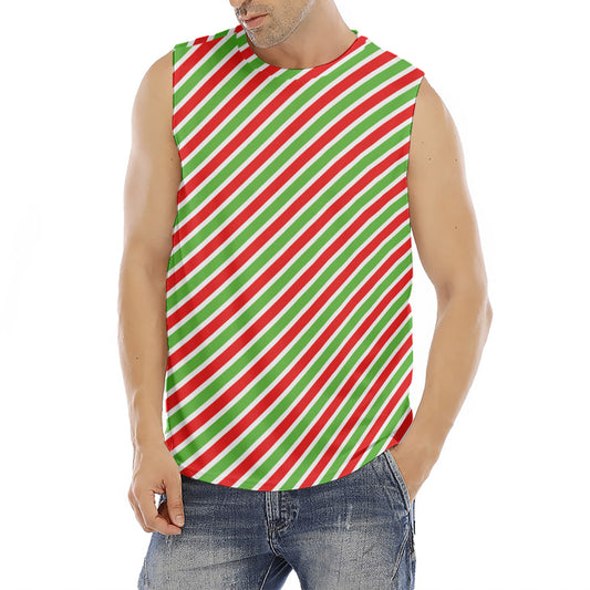 Red Green And White Candy Cane Print Men's Fitness Tank Top