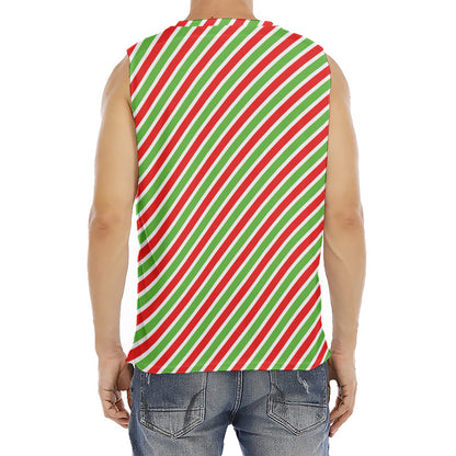 Red Green And White Candy Cane Print Men's Fitness Tank Top