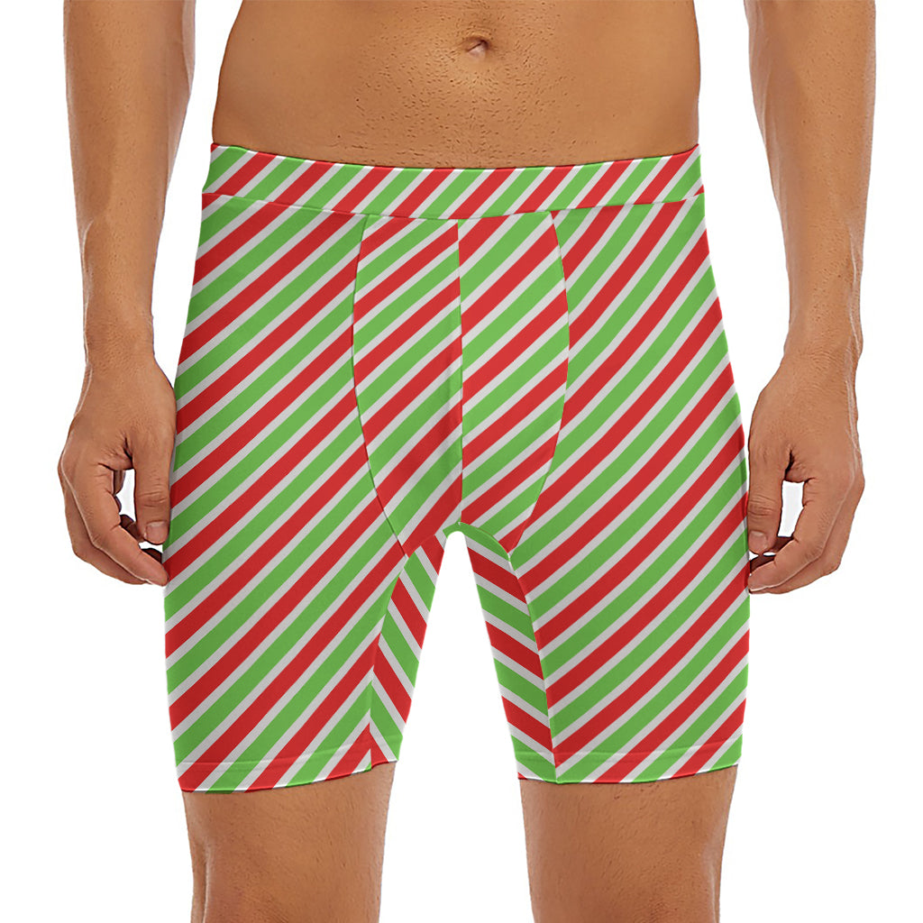 Red Green And White Candy Cane Print Men's Long Boxer Briefs