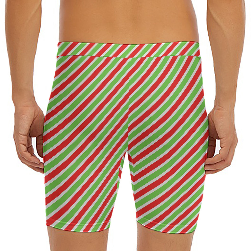 Red Green And White Candy Cane Print Men's Long Boxer Briefs
