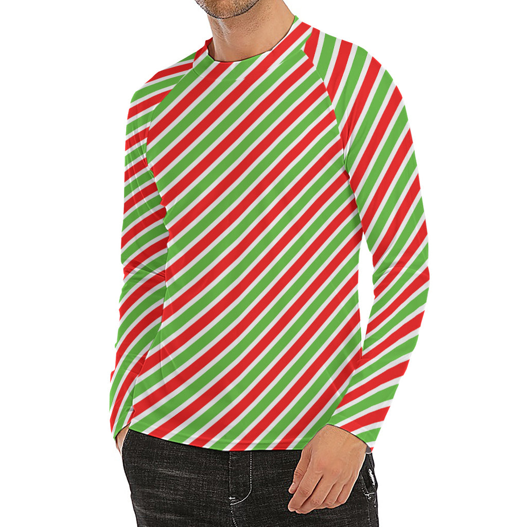 Red Green And White Candy Cane Print Men's Long Sleeve Rash Guard