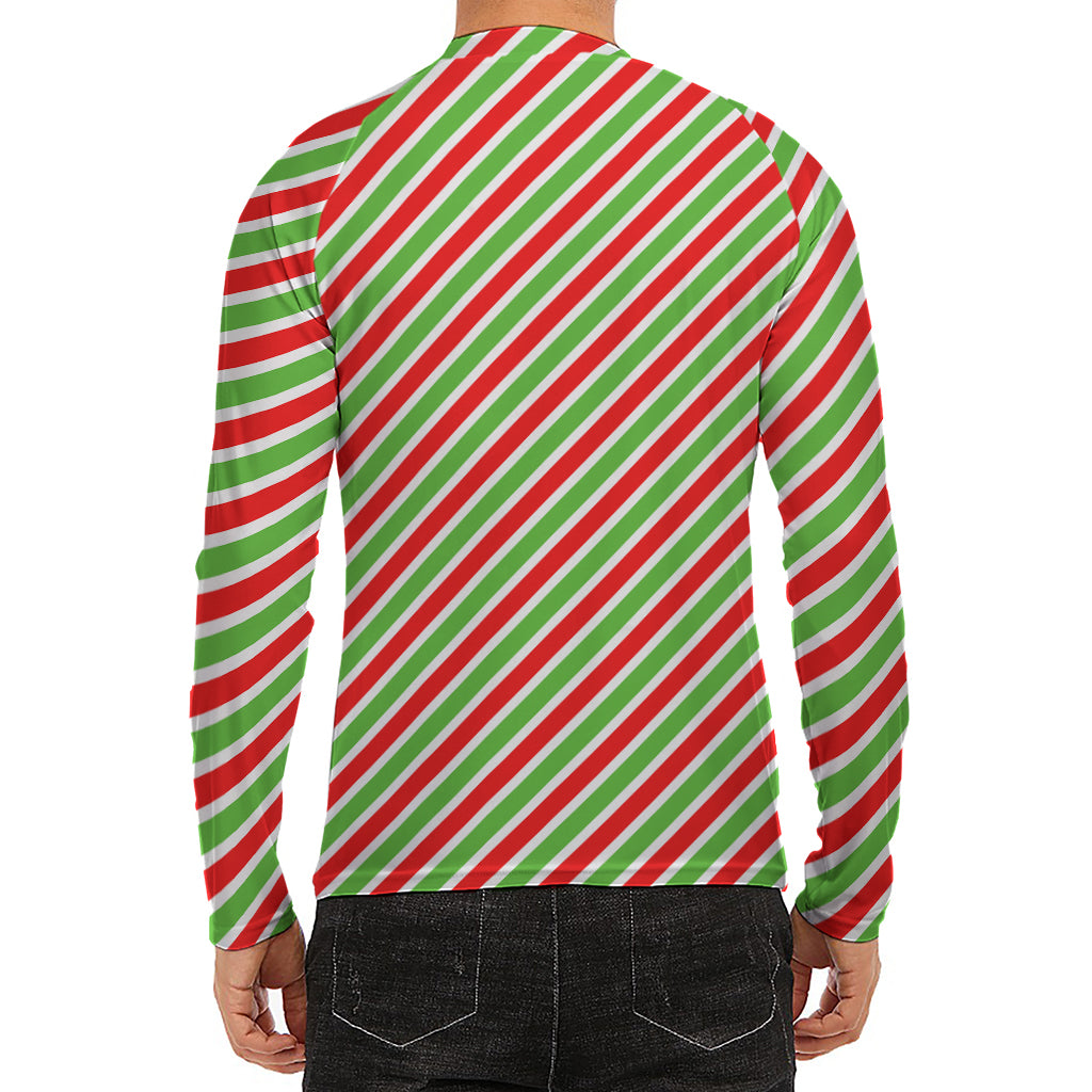 Red Green And White Candy Cane Print Men's Long Sleeve Rash Guard