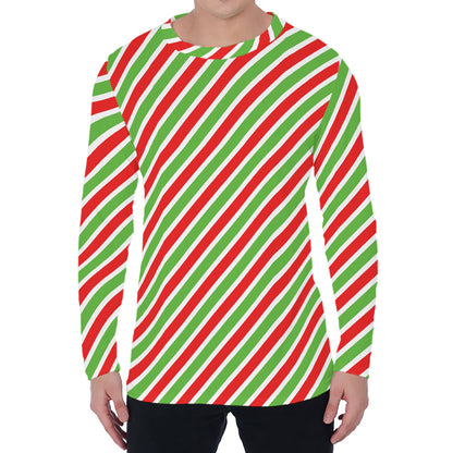 Red Green And White Candy Cane Print Men's Long Sleeve T-Shirt