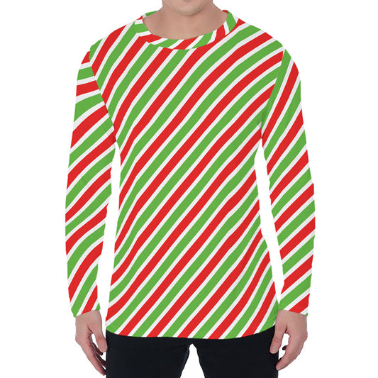 Red Green And White Candy Cane Print Men's Long Sleeve T-Shirt
