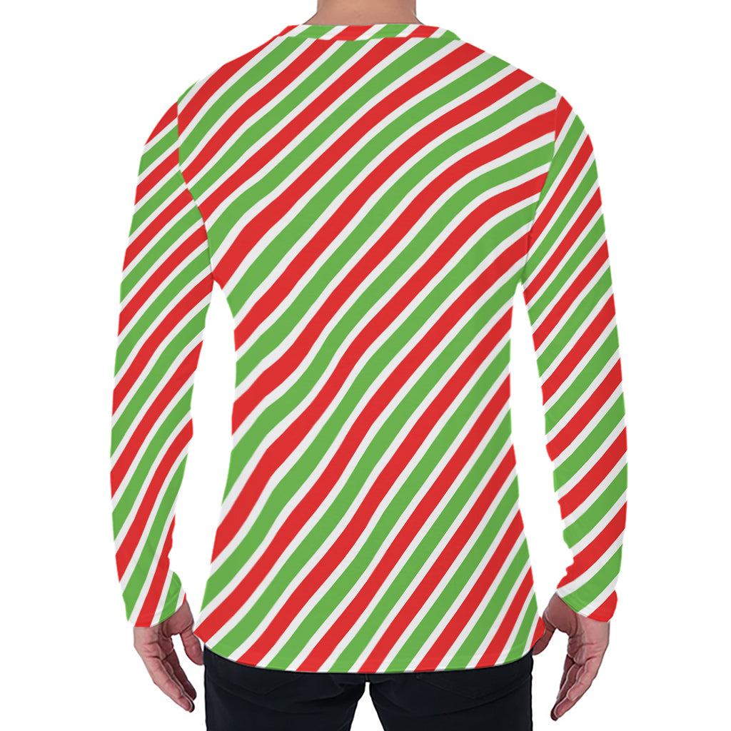 Red Green And White Candy Cane Print Men's Long Sleeve T-Shirt