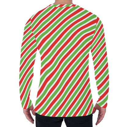Red Green And White Candy Cane Print Men's Long Sleeve T-Shirt