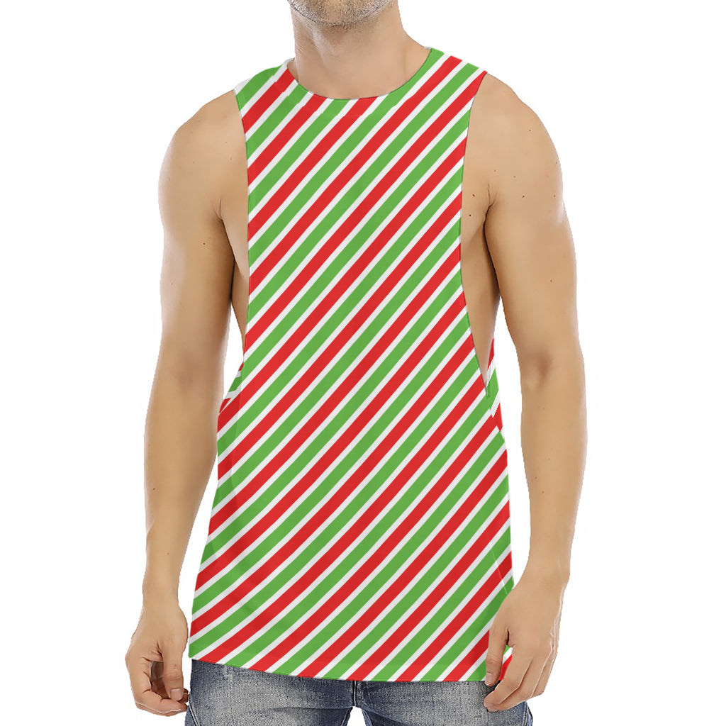 Red Green And White Candy Cane Print Men's Muscle Tank Top