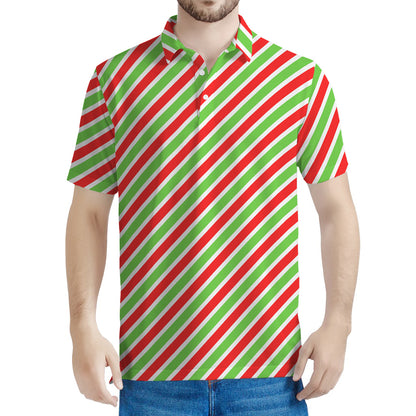 Red Green And White Candy Cane Print Men's Polo Shirt