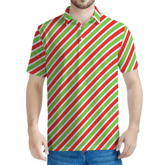 Red Green And White Candy Cane Print Men's Polo Shirt