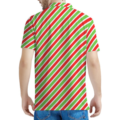 Red Green And White Candy Cane Print Men's Polo Shirt