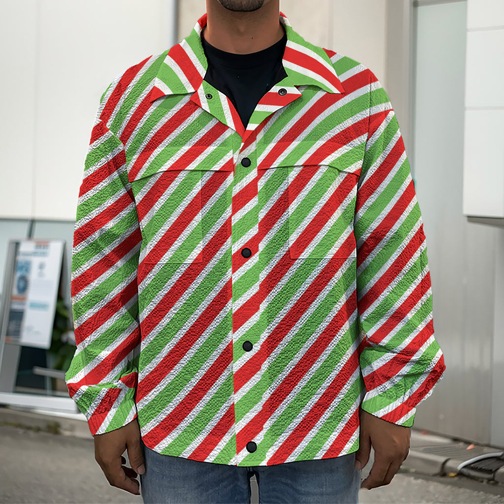 Red Green And White Candy Cane Print Men's Shirt Jacket