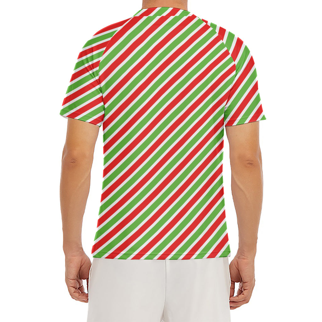 Red Green And White Candy Cane Print Men's Short Sleeve Rash Guard