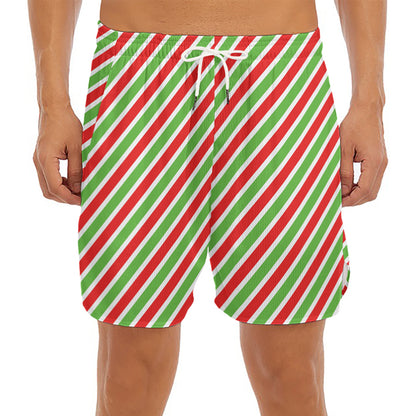 Red Green And White Candy Cane Print Men's Split Running Shorts