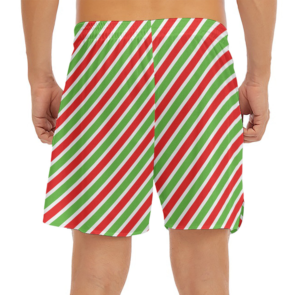 Red Green And White Candy Cane Print Men's Split Running Shorts