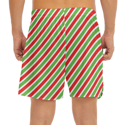 Red Green And White Candy Cane Print Men's Split Running Shorts