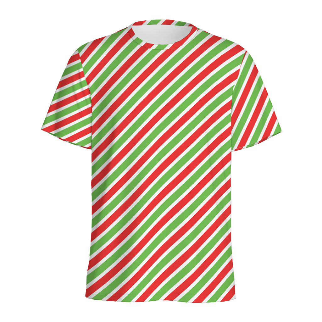 Red Green And White Candy Cane Print Men's Sports T-Shirt