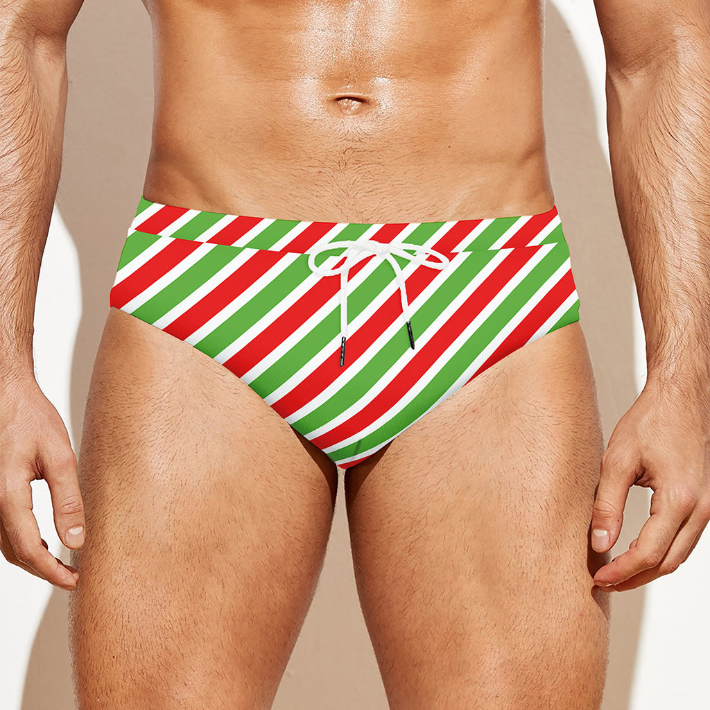 Red Green And White Candy Cane Print Men's Swim Briefs