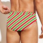 Red Green And White Candy Cane Print Men's Swim Briefs