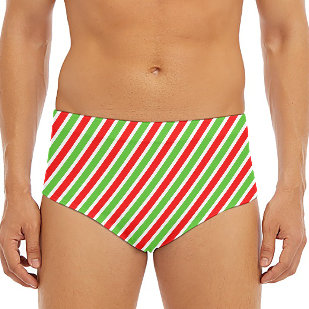 Red Green And White Candy Cane Print Men's Triangle Swim Briefs