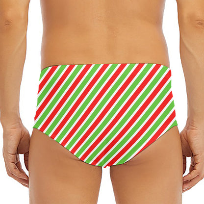 Red Green And White Candy Cane Print Men's Triangle Swim Briefs