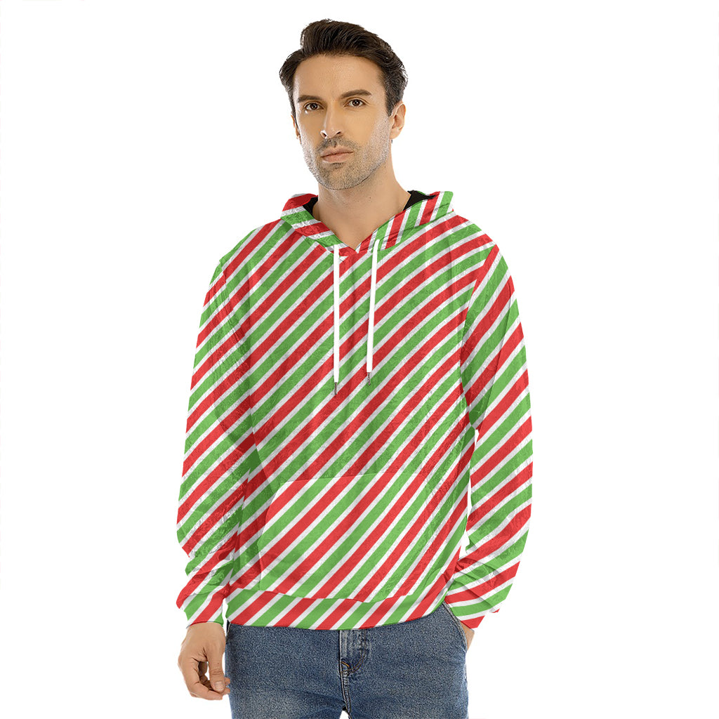 Red Green And White Candy Cane Print Men's Velvet Pullover Hoodie