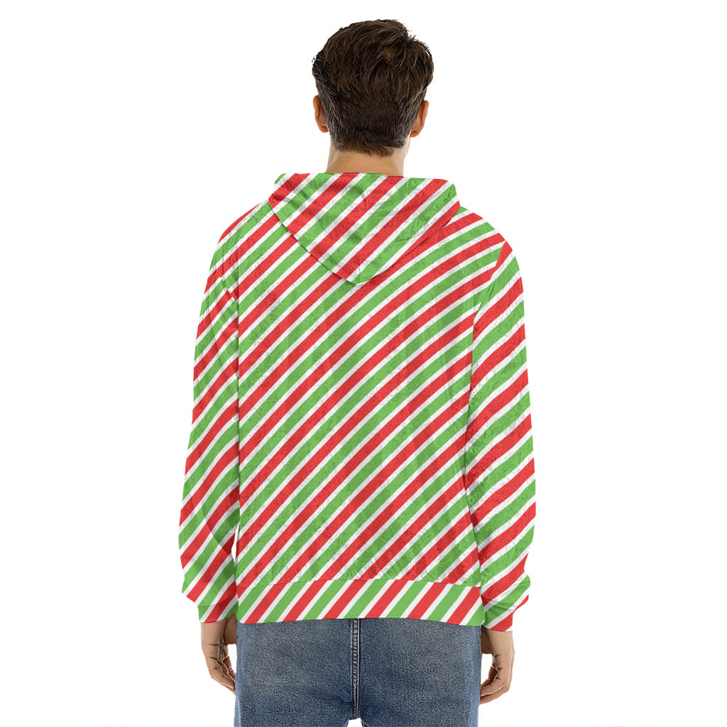 Red Green And White Candy Cane Print Men's Velvet Pullover Hoodie