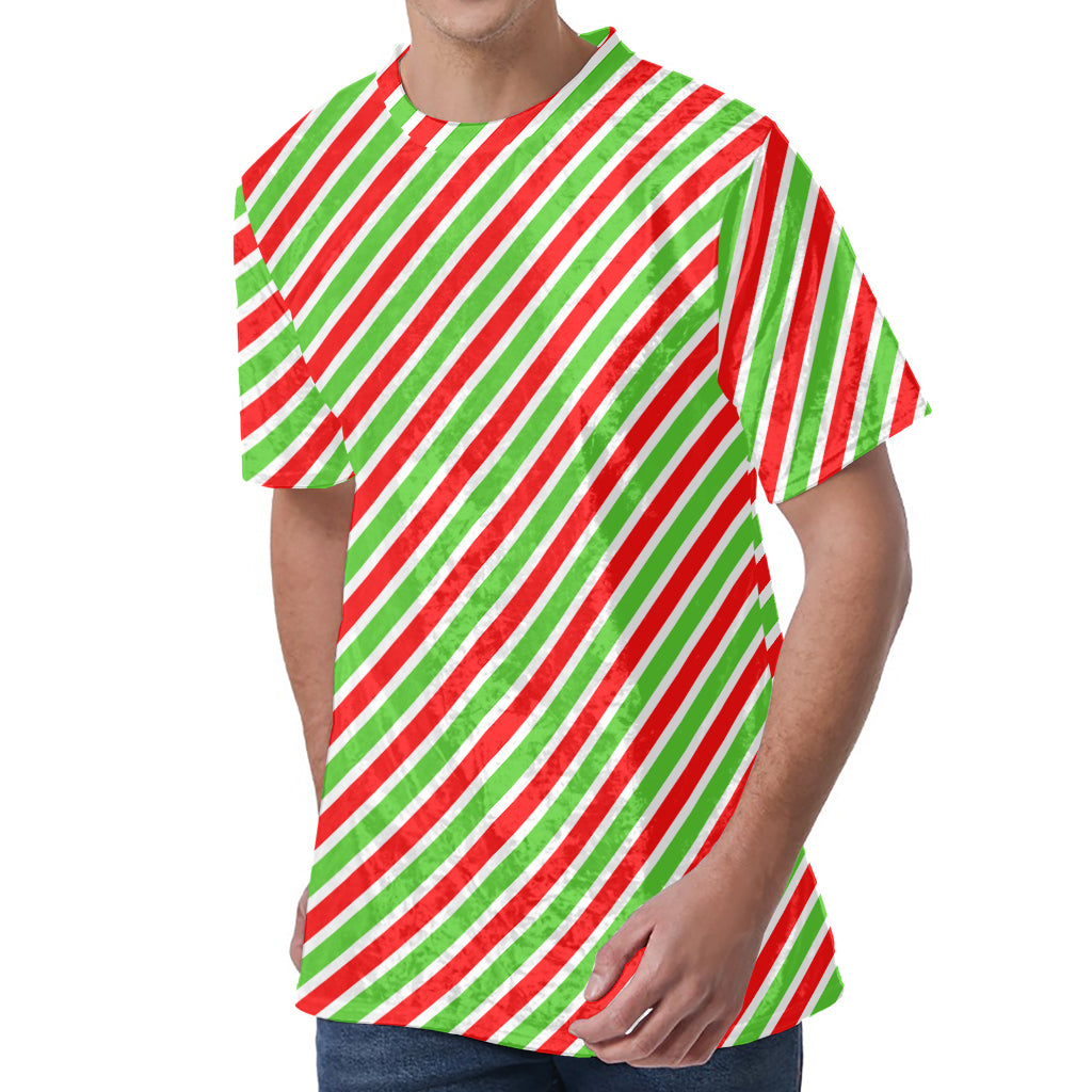 Red Green And White Candy Cane Print Men's Velvet T-Shirt