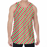 Red Green And White Candy Cane Print Men's Velvet Tank Top